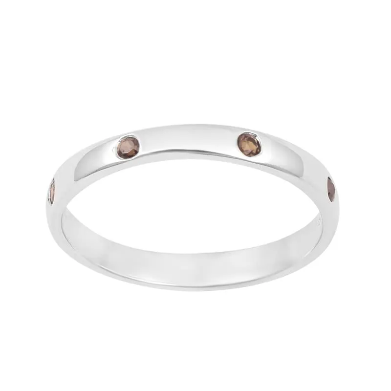 Stackable Band 925 Sterling Silver Round Cut Smoky Quartz Birthstone Women's Wedding Ring