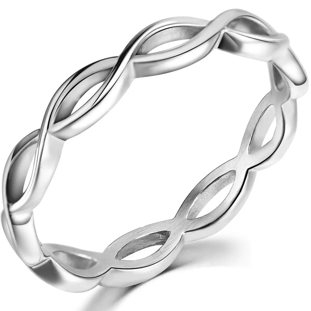 Stainless Steel Braided Knotted Waved Stackable Wedding Band Ring - Durable & Hypoallergenic