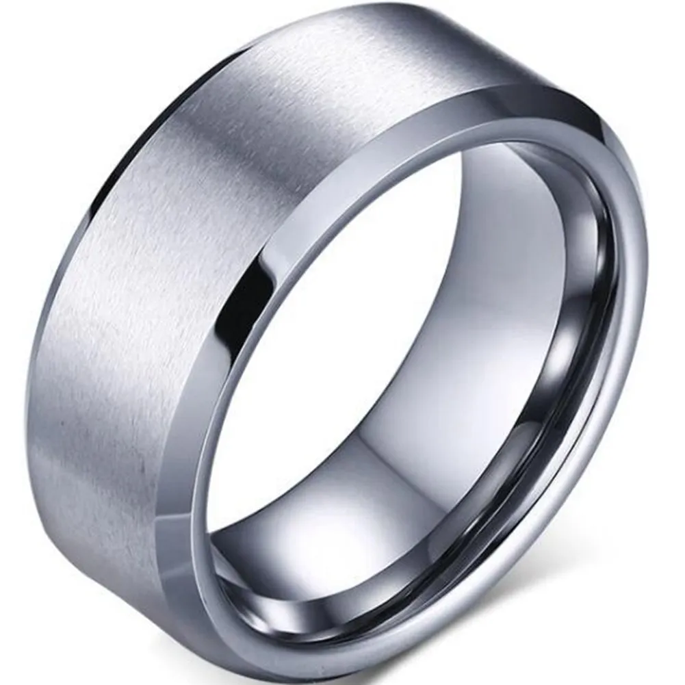 Stainless Steel Matte Brushed Classic Wedding Band Ring, 8mm Width, Hypoallergenic, Beveled Edge