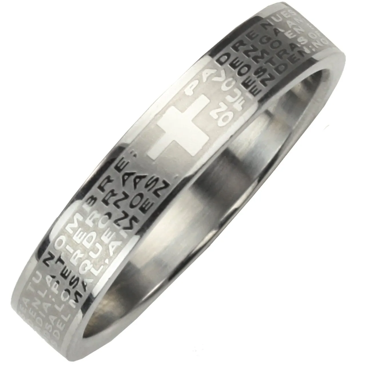 Stainless Steel Spanish Lord's Prayer 4mm Band Ring for Women, Sizes 5-9, Dahlia Classic Jewelry