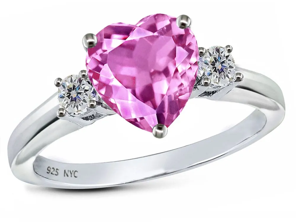 Star K Sterling Silver 8mm Heart Shape Promise Ring with Created Pink Sapphire and CZ Stones