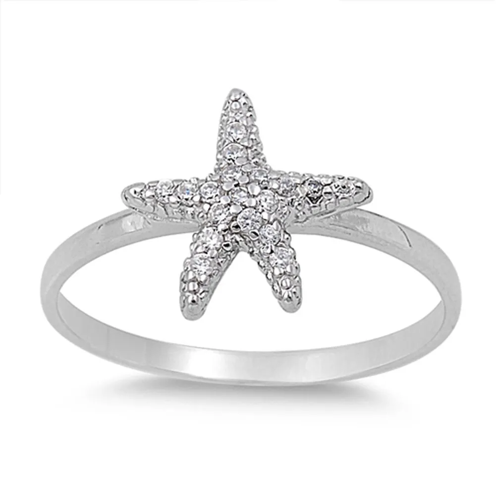 Starfish Cluster White CZ Ring in 925 Sterling Silver, Sizes 2-11, Durable & Quality Assured