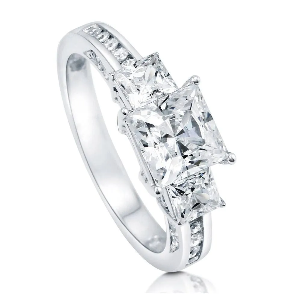 Sterling Silver 3-Stone Engagement Ring, Princess Cut CZ Promise Ring for Women, Rhodium Plated