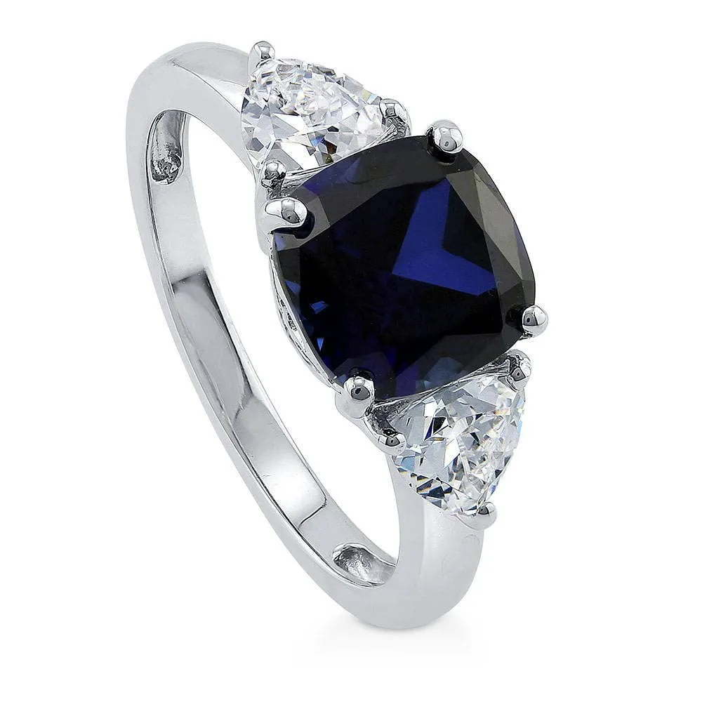 Sterling Silver 3-Stone Engagement Ring with Simulated Blue Sapphire CZ, Sizes 4-10, Rhodium Plated