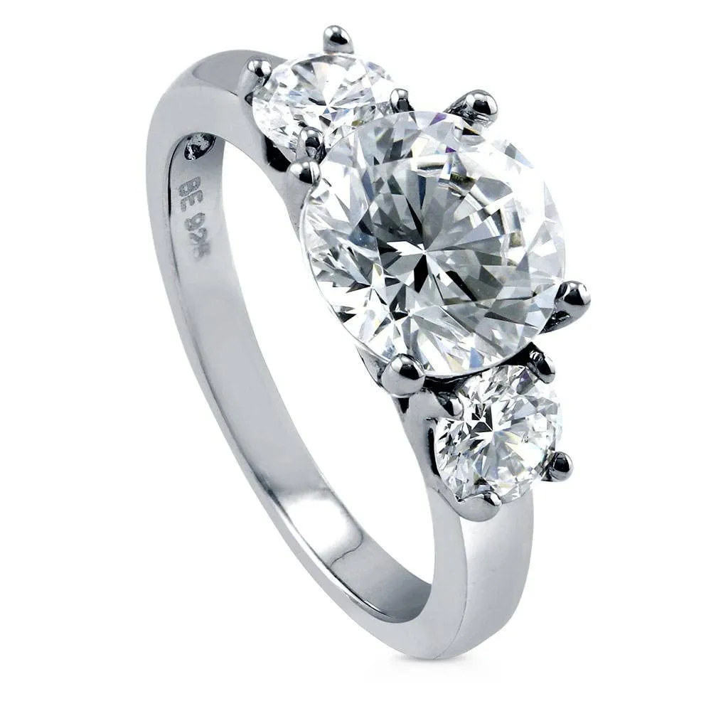 Sterling Silver 3-Stone Wedding Engagement Ring, CZ Round Cut, Rhodium Plated, Sizes 4-10