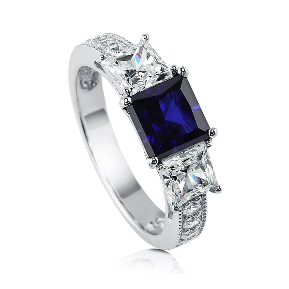 Sterling Silver 3-Stone Wedding Engagement Ring, Simulated Blue Sapphire, Sizes 4-10, Rhodium Plated