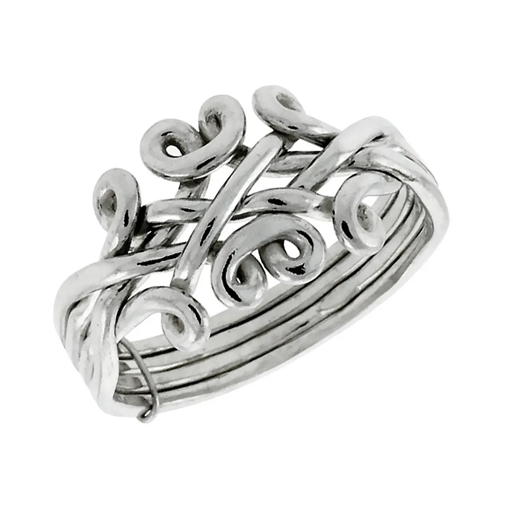 Sterling Silver 4-Piece Puzzle Ring for Men and Women, Wire Wrapped, Sizes 5-13, 12.5mm Wide