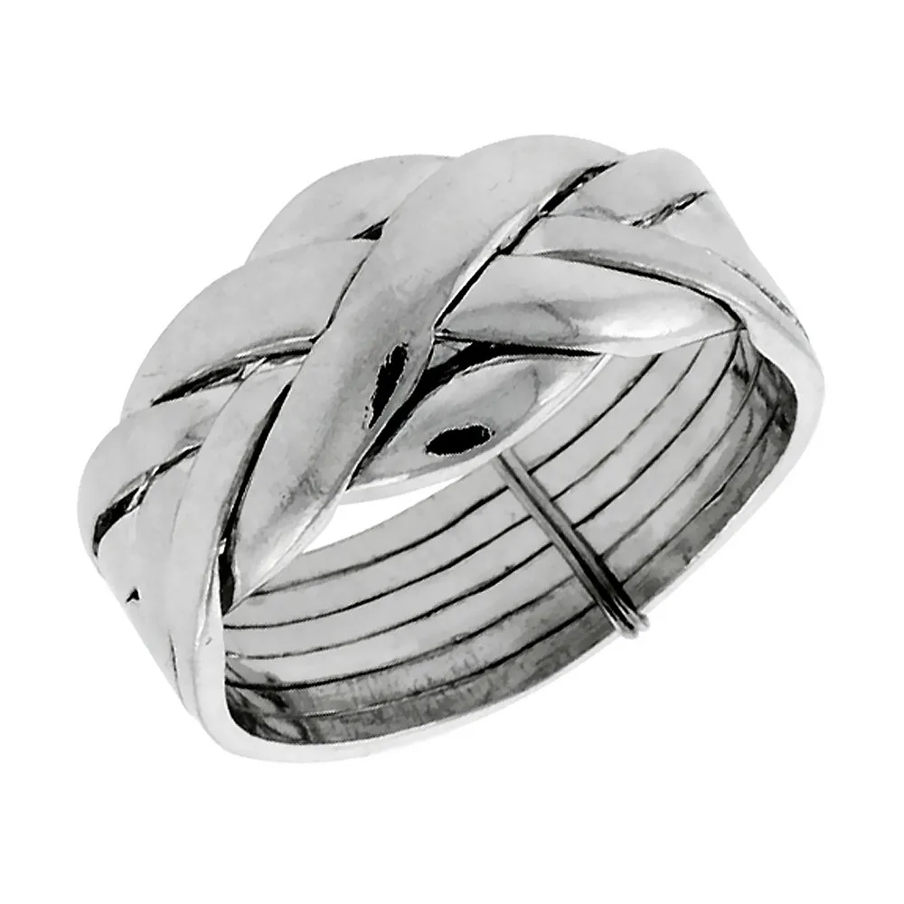 Sterling Silver 6-Piece Puzzle Ring, 11mm Wide, Sizes 4-13, Unique Harem Design for Men & Women