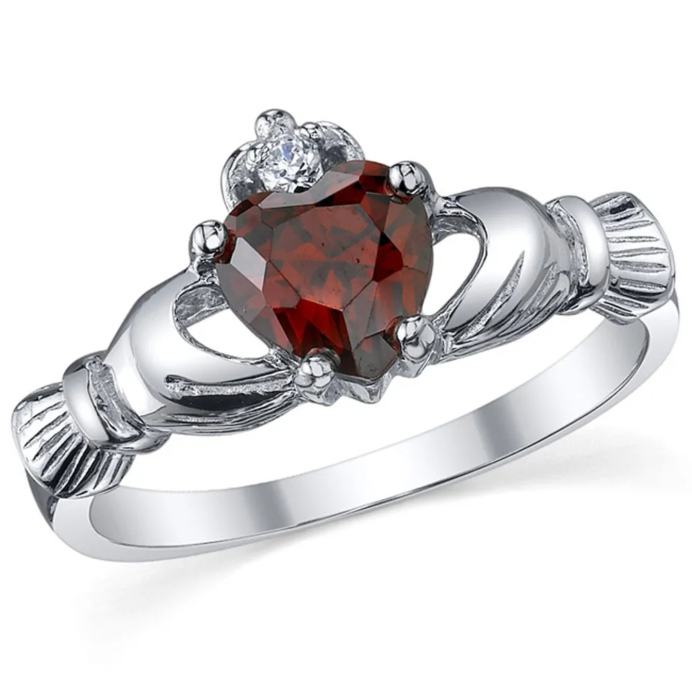 Sterling Silver 925 Claddagh Ring with Simulated Garnet Heart & Cubic Zirconia - Gift Box Included