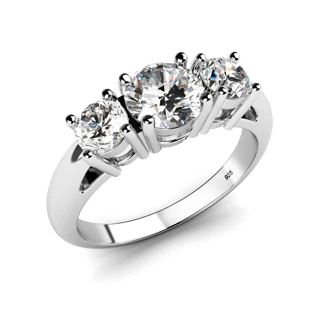 Sterling Silver 925 CZ 3 Stone Engagement Ring, Rhodium Plated, 7MM Center, 5MM Sides