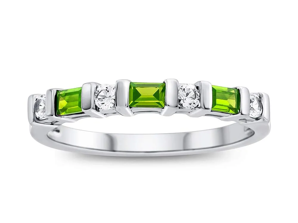 Sterling Silver Baguette & Round Stones Anniversary Stackable Band Ring with Peridot & Sapphire