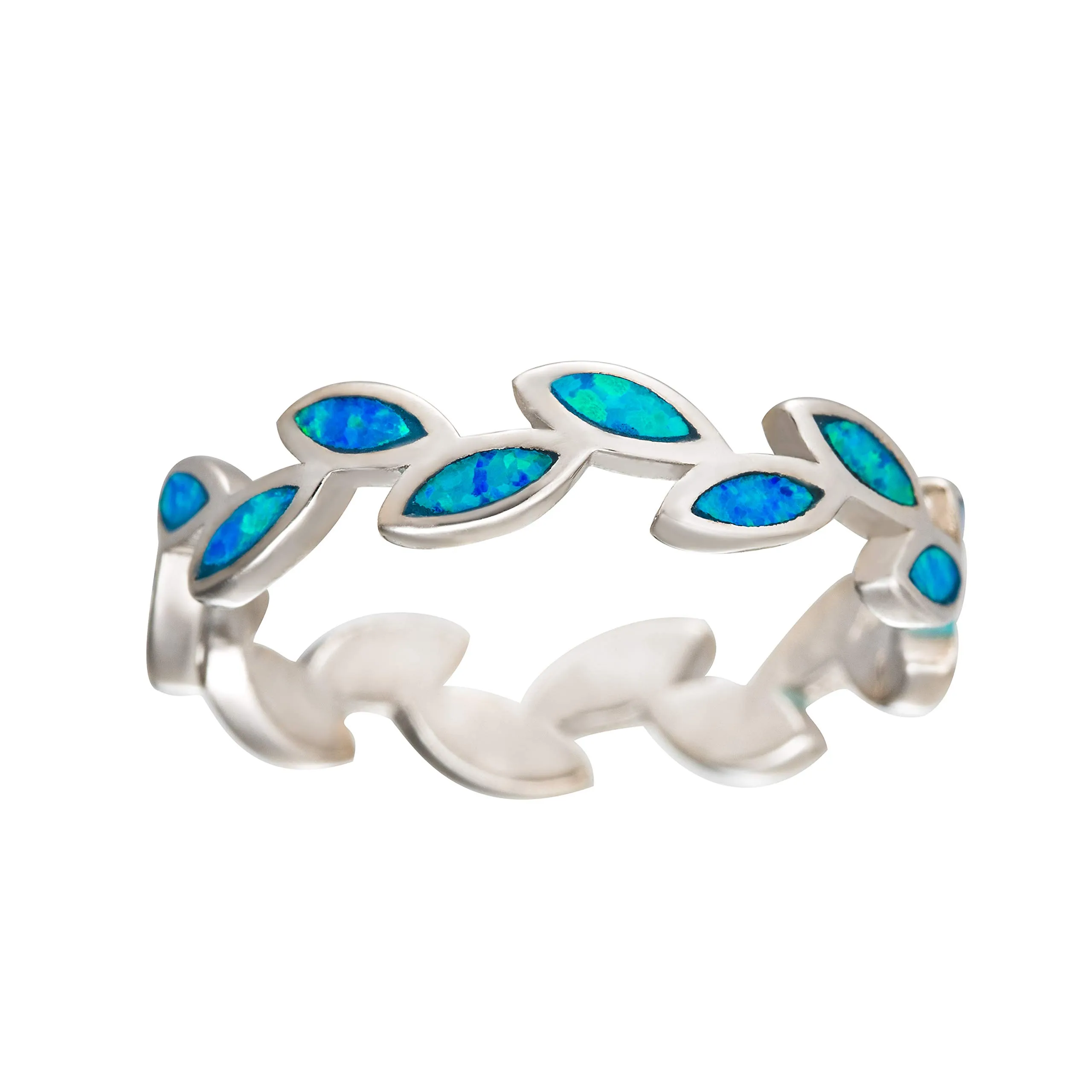 Sterling Silver Blue Opal Maile Leaf Olive Branch Stackable Wedding Ring Eternity Band