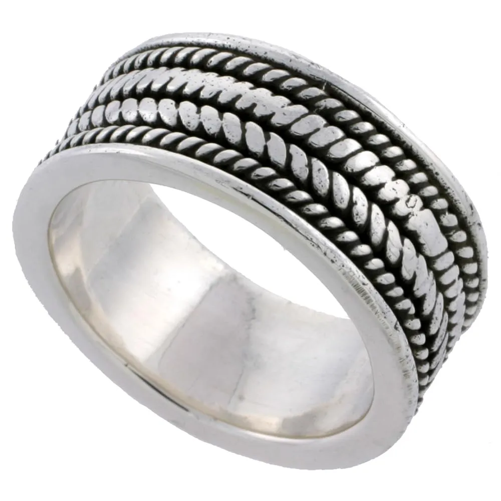 Sterling Silver Braided Rope Ring 3/8 Inch Wide, Sizes 6-10, Oxidized Antique Finish, Women’s Band