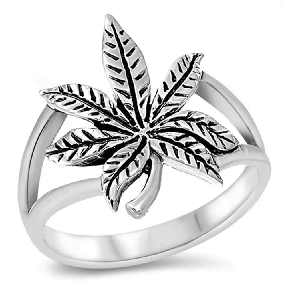 Sterling Silver Cannabis Sativa Marijuana Ring 17mm Sizes 4-13