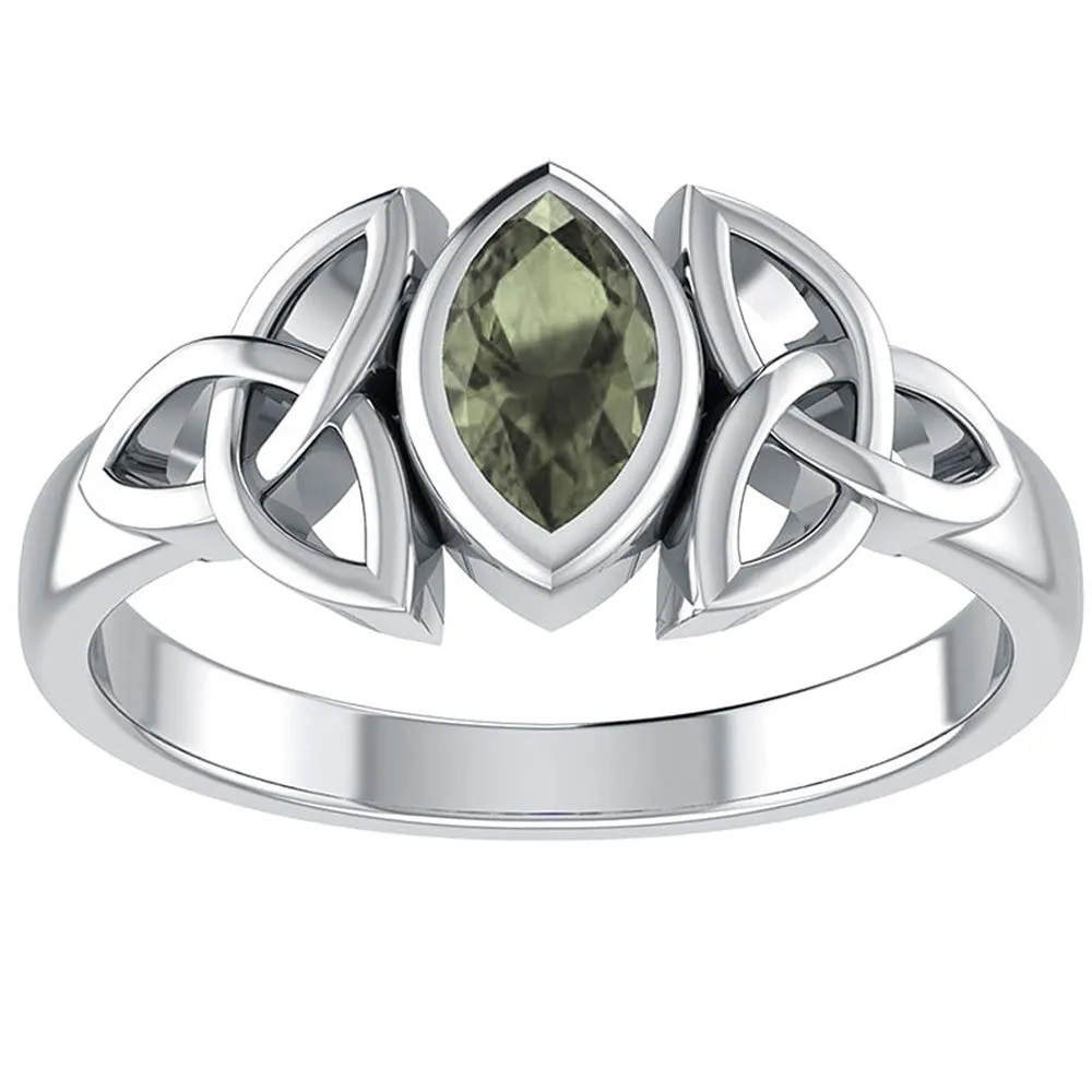 Sterling Silver Celtic Knot Ring with Genuine Green Moldavite, Sizes 3-15