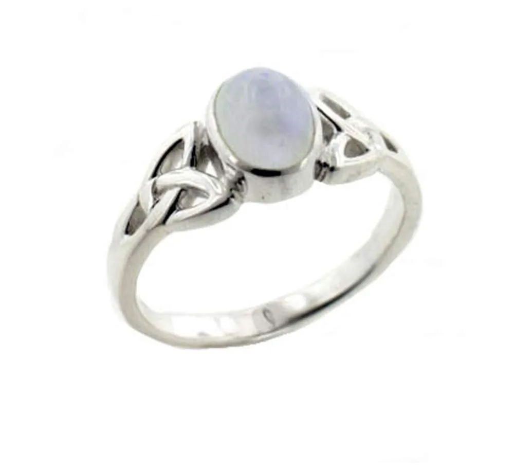 Sterling Silver Celtic Knot Ring with Genuine Rainbow Moonstone - Sizes 3-15