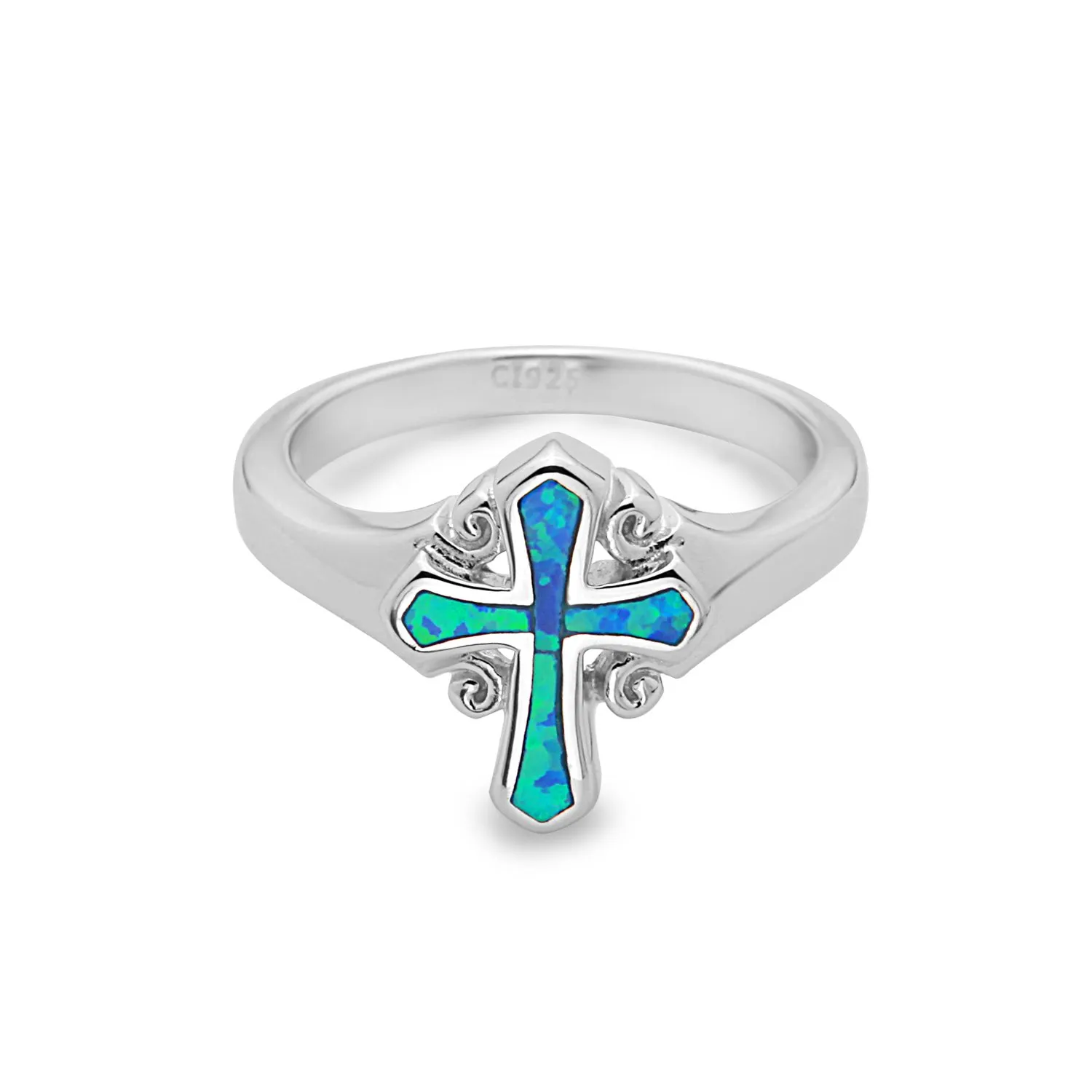 Sterling Silver Created Blue Opal Cross Ring by Beaux Bijoux - Elegant 925 Silver Design