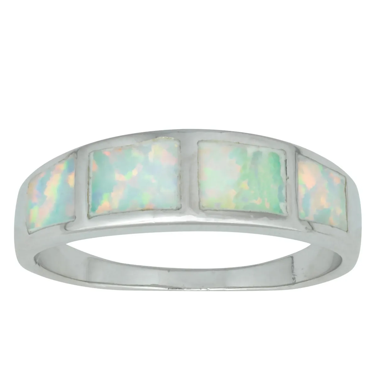 Sterling Silver Created White Opal Band Ring by Beaux Bijoux - Elegant 925 Silver Size Included