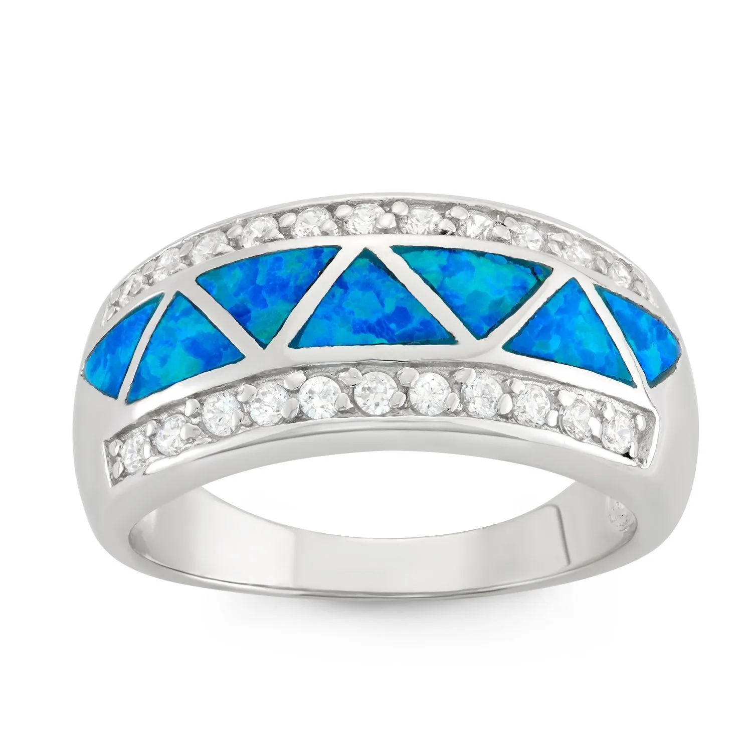 Sterling Silver CZ & Created Blue Opal Band Ring - Elegant 925 Silver Jewelry Gift Box Included