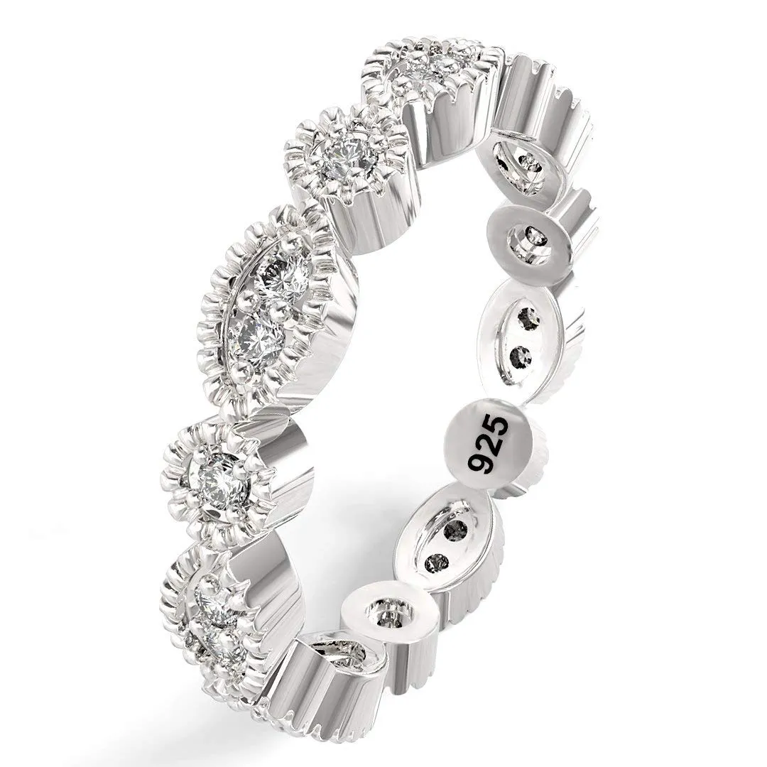 Sterling Silver CZ Stackable Eternity Band Ring with Rhodium Plating, Brilliant Cut Stones