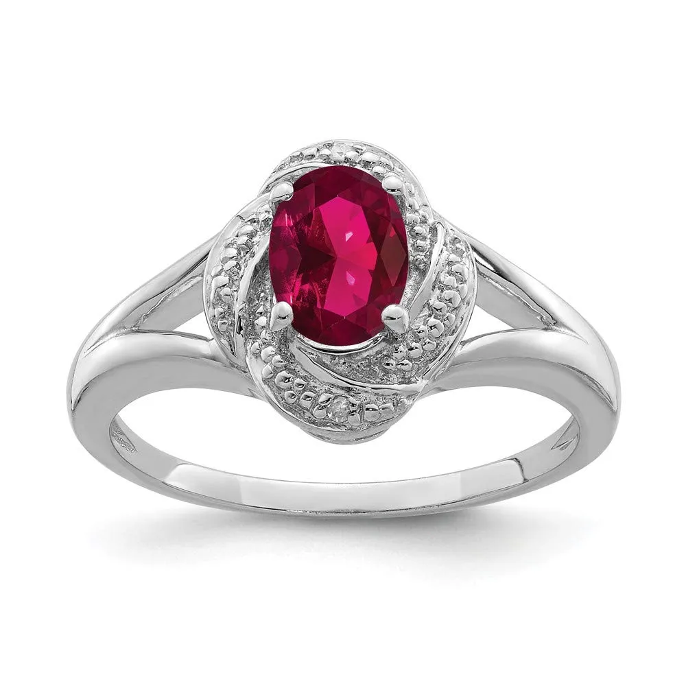 Sterling Silver Diamond & Oval Created Ruby Ring, Rhodium-Plated, .01 Ctw, Size Available