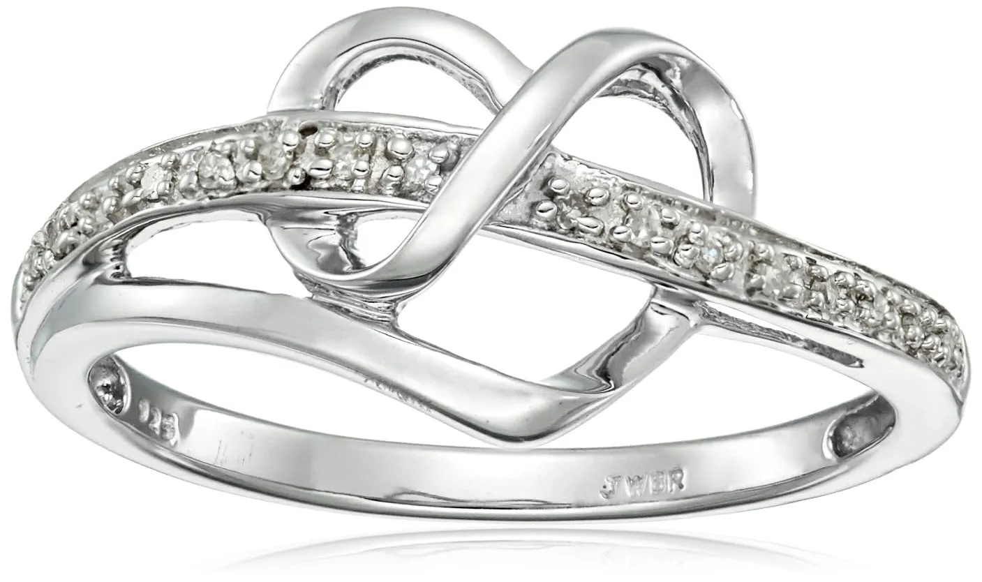 Sterling Silver Diamond Heart Ring with Pave-Set Diamonds, Size 6, Elegant Twisted Design