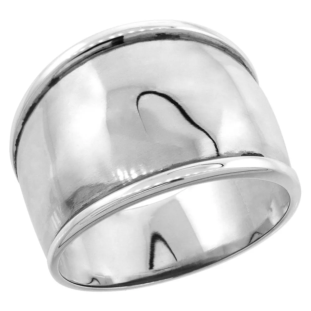 Sterling Silver Dome Cigar Band Ring for Women, 7/16 inch Wide, Sizes 6-13, Classic Design