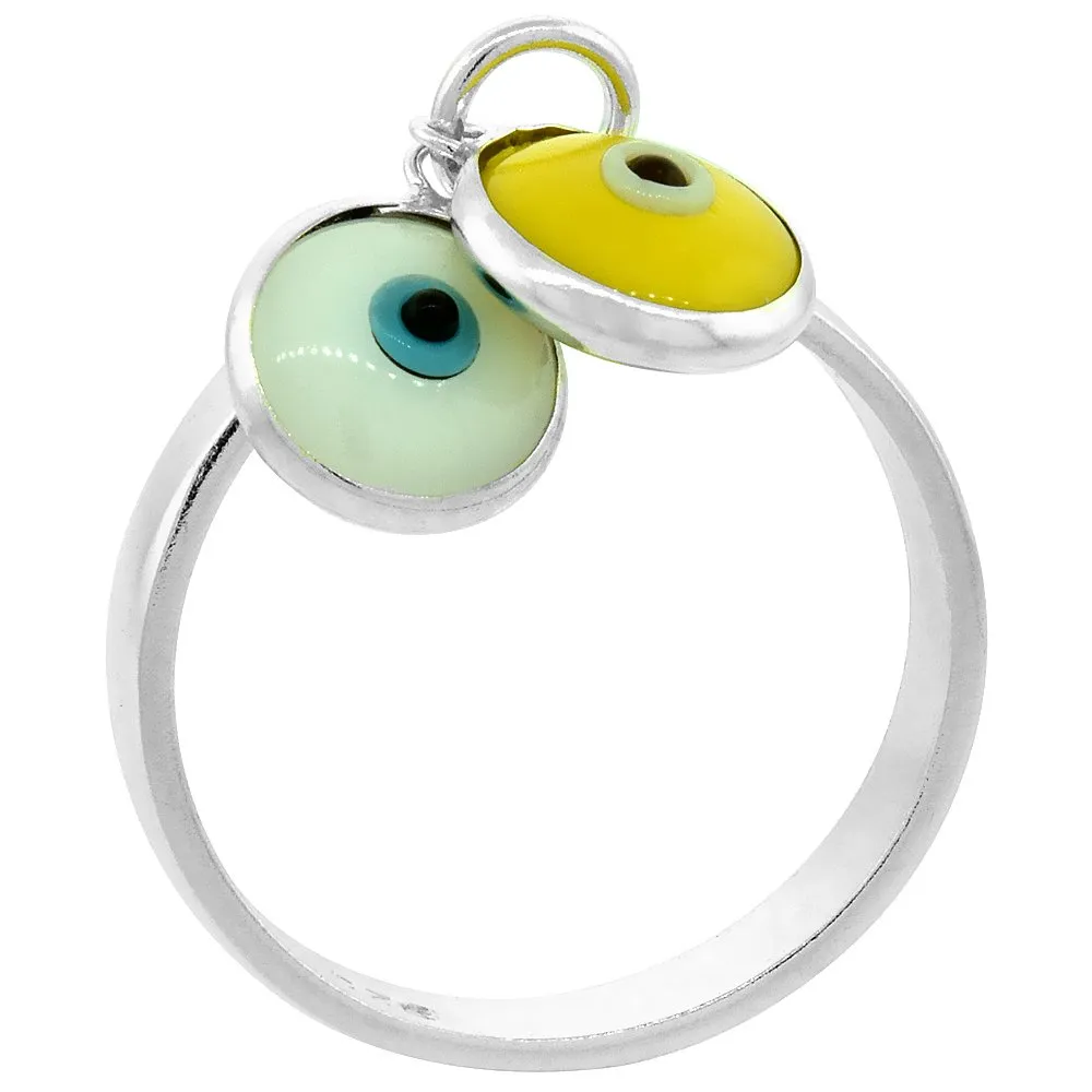 Sterling Silver Evil Eye Ring for Women with Colorful Glass Eyes, Handmade, Sizes 6 to 9