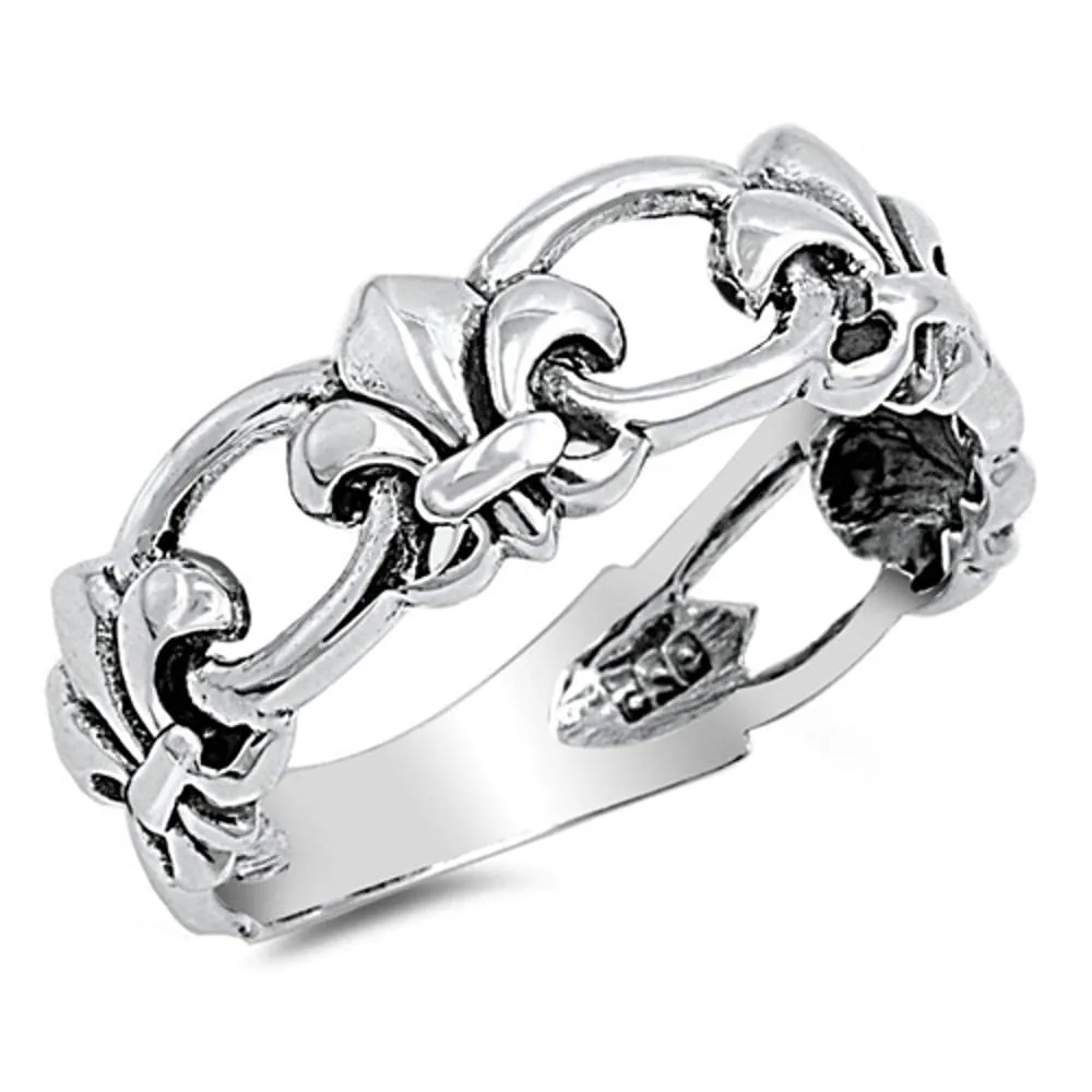 Sterling Silver Fleur De Lis Link Ring 6mm Sizes 4-13 - Durable 925 Band for Timeless Elegance