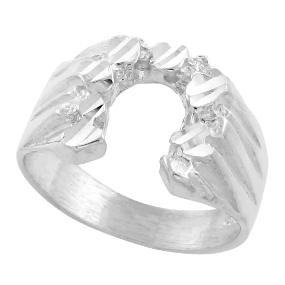 Sterling Silver Horseshoe Ring with Nugget Pattern and Diamond Cut Finish, Sizes 8-13