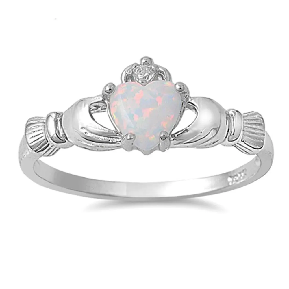 Sterling Silver Irish Claddagh Simulated Gemstone Promise Ring with Lab Created Australian Opal