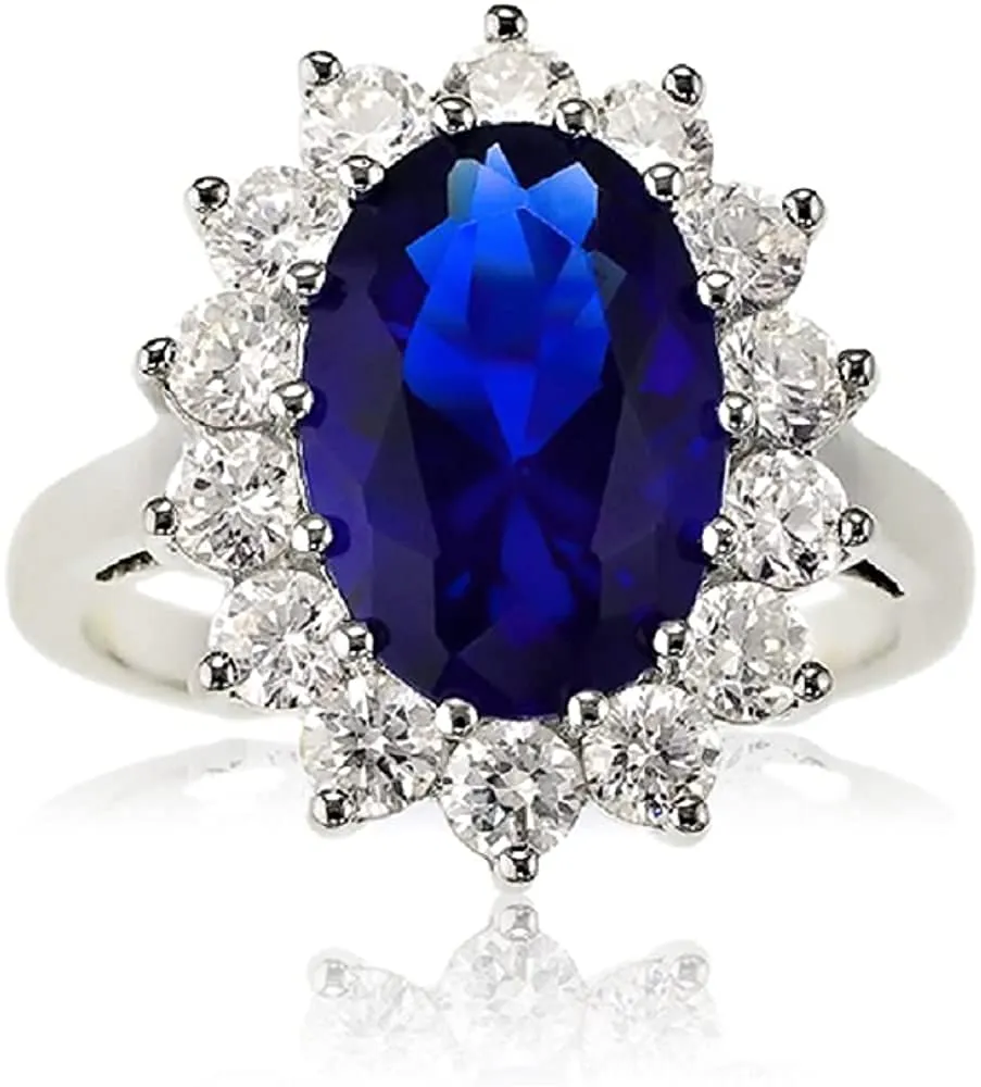 Sterling Silver Large Oval Created Blue Sapphire & Clear CZ Engagement Ring - Princess Diana Style