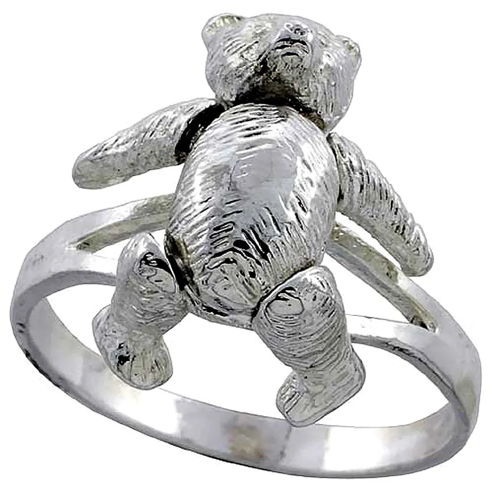 Sterling Silver Movable Teddy Bear Ring, 7/8 inch Wide, Sizes 5.5-10, Antique Finish