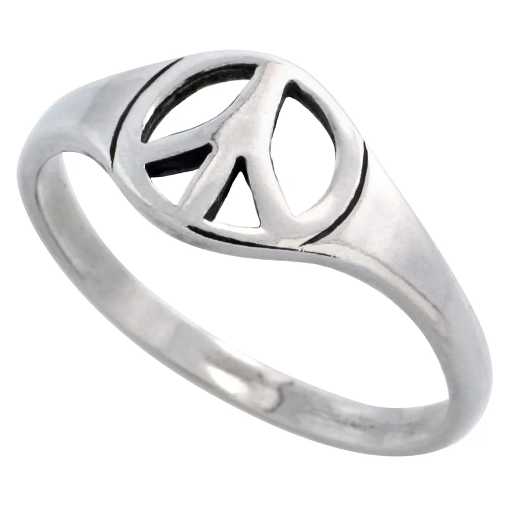 Sterling Silver Peace Sign Ring for Women, Dainty 5/16' Wide, Sizes 6-10, Quality Craftsmanship