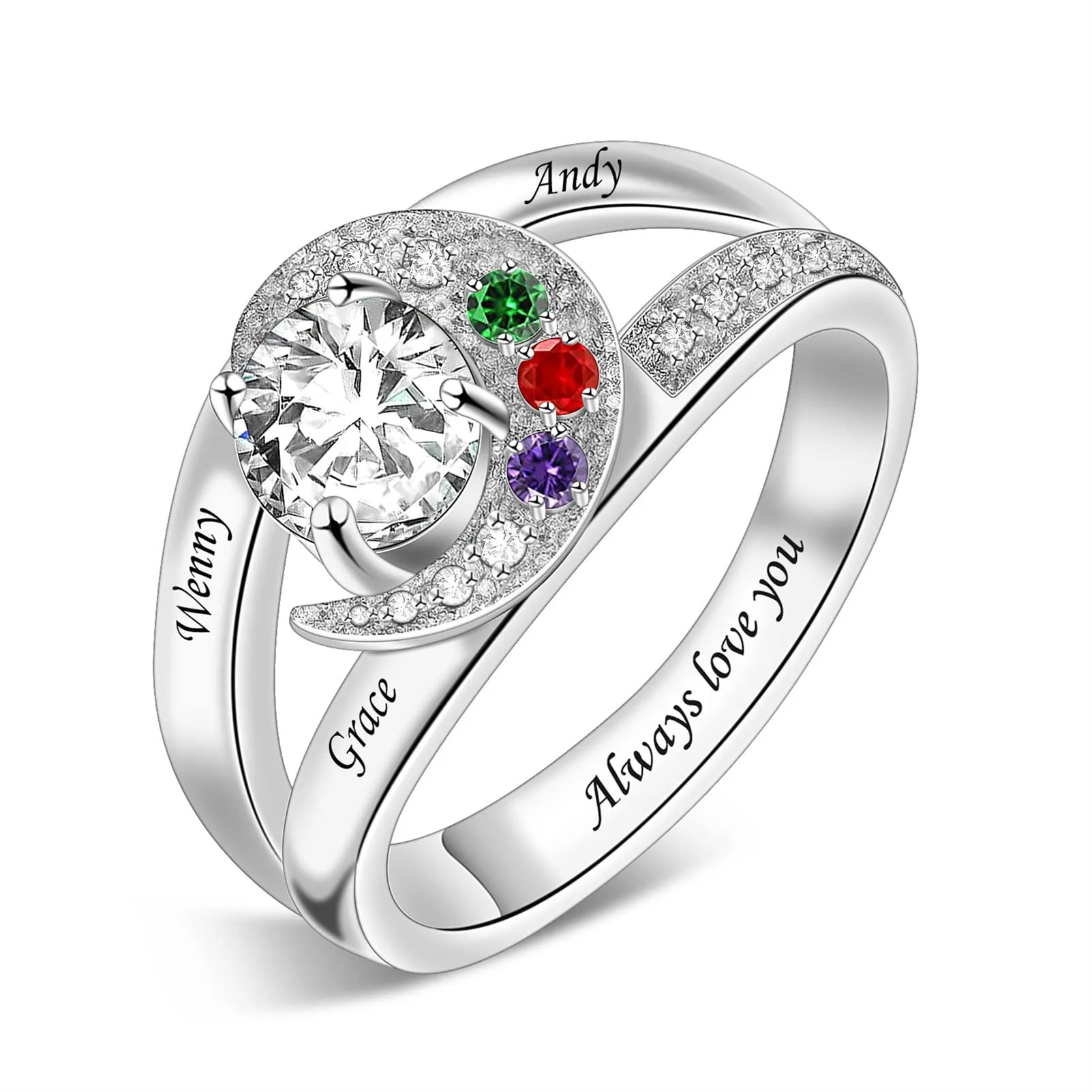 Sterling Silver Personalized Mother's Ring with 1-8 Simulated Birthstones & Engraving