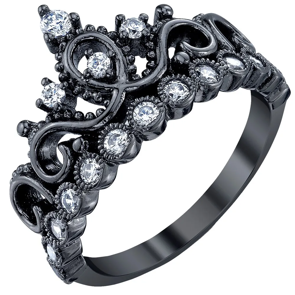 Sterling Silver Princess Crown Ring - Black Rhodium Plated with 17 AAA Cubic Zirconia, 14mm Width