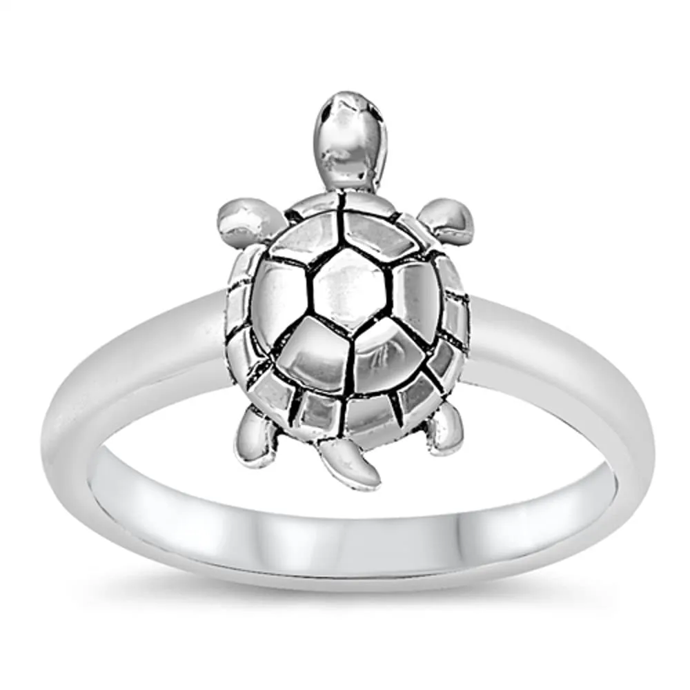 Sterling Silver Solitaire Turtle Ring 925, 13.5mm Height, Tortoise Symbol of Luck and Prosperity