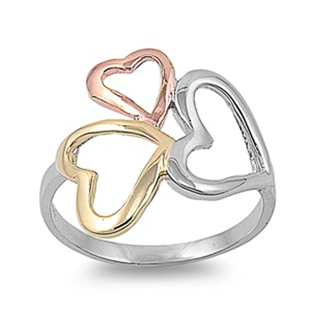 Sterling Silver Tri-Color Heart Ring 19mm, Size 4 to 10 - Elegant 925 Sterling Silver Design