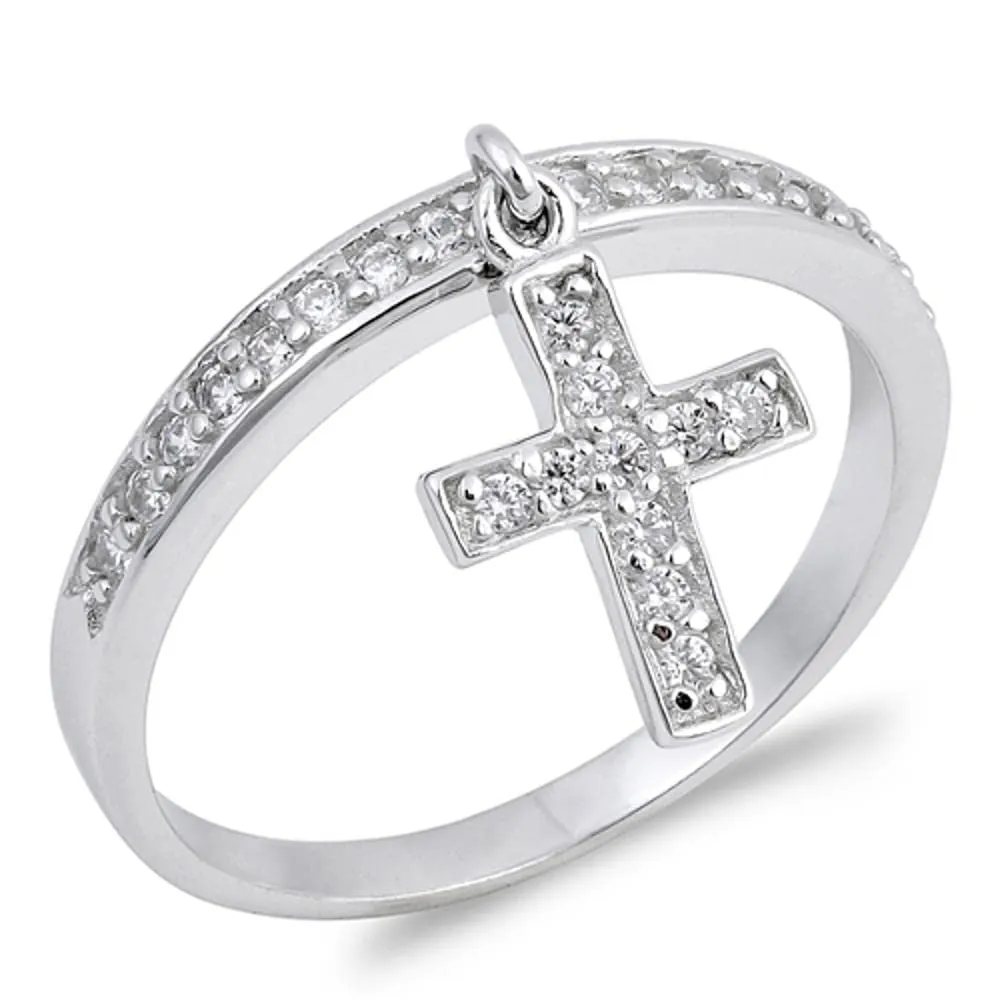 Sterling Silver Women's CZ Dangle Cross Ring, Cute Band Sizes 4-10, Quality 925 Silver