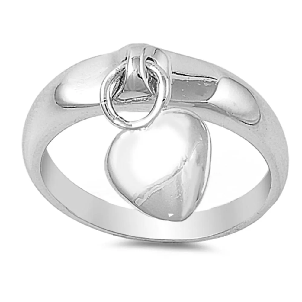 Sterling Silver Women's Dangling Heart Charm Ring Band Sizes 4-10, Cute 925 Quality Jewelry