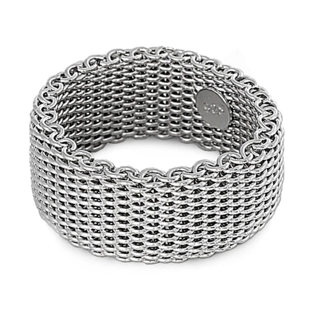 Sterling Silver Women's Mesh Ring 10mm Wide Band Sizes 5-10