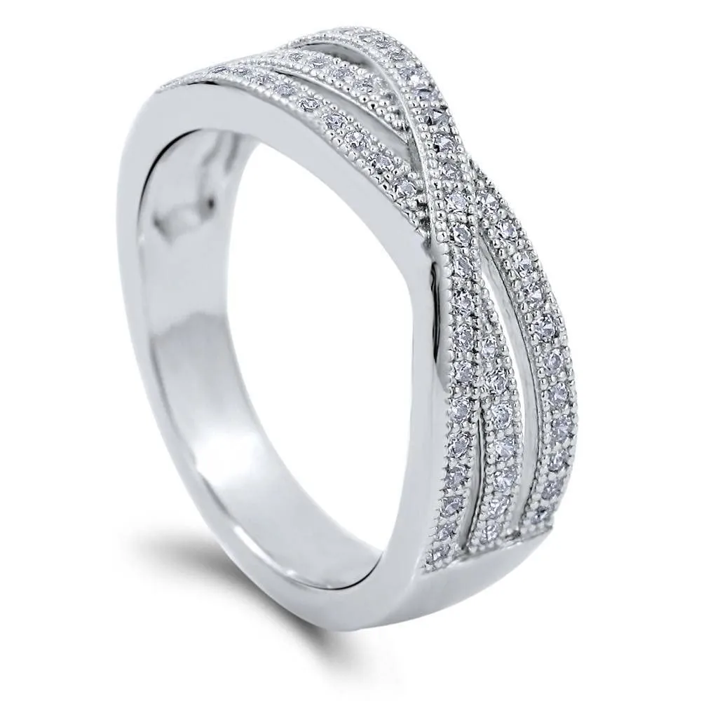 Sterling Silver Woven CZ Cocktail Ring for Women, Rhodium Plated, Size 4-10, 0.3 ct.tw