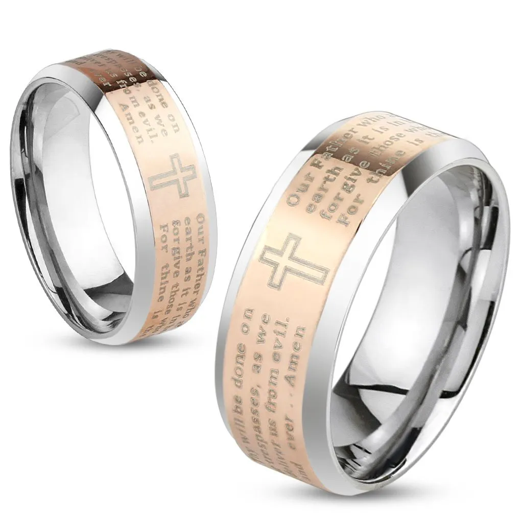 STR-0323 Rose Gold Beveled Edge Stainless Steel Lord's Prayer Ring by Jinique, High Quality Jewelry