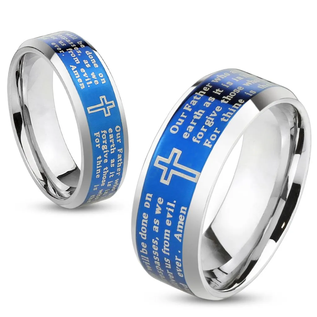 STR-0325 Stainless Steel Lord's Prayer Blue IP Beveled Edge Ring by Jinique, Size Available