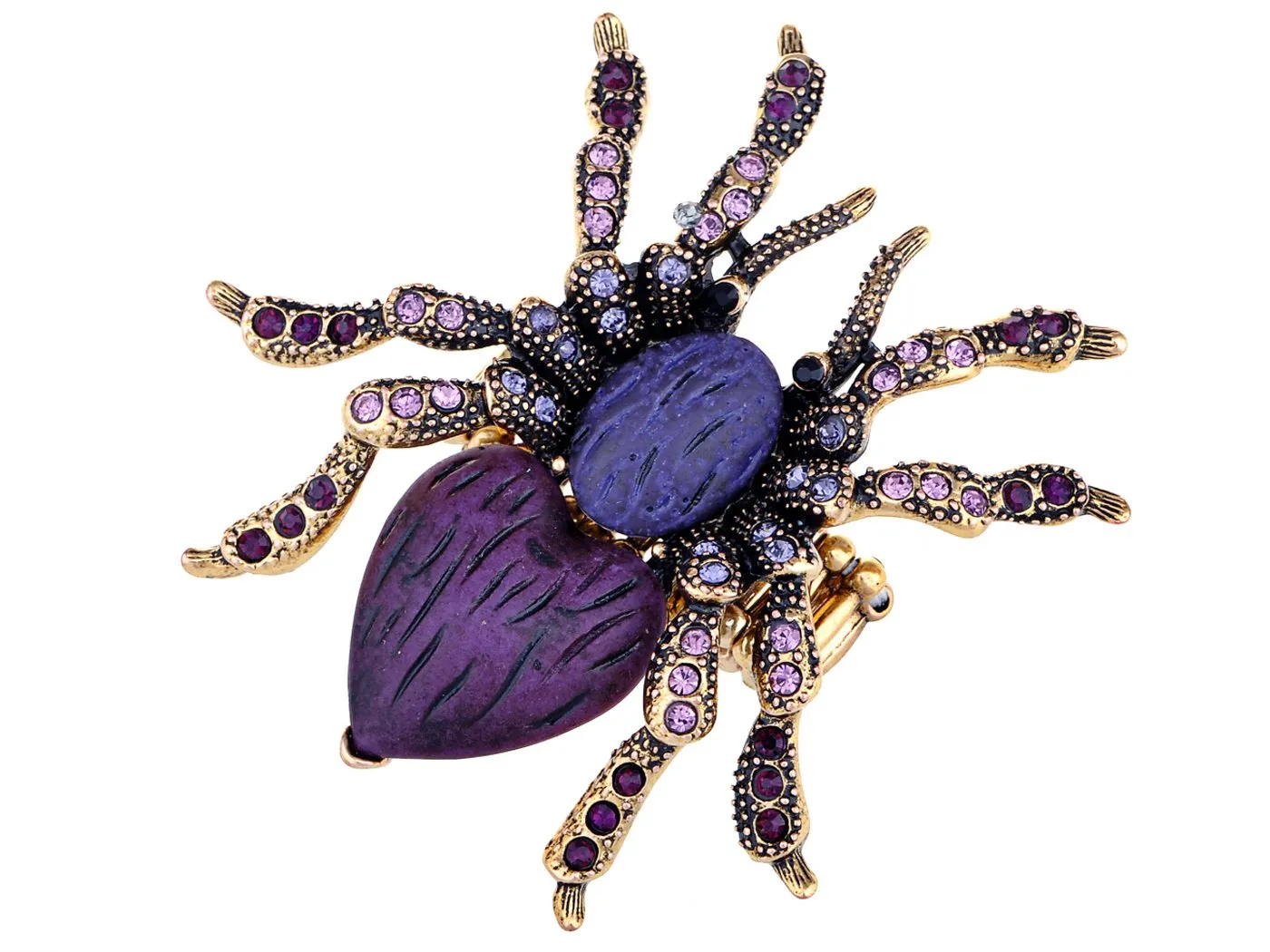 Stretchy Golden Tone Purple Rhinestones Heart Spider Tarantula Ring - Adjustable, Versatile Jewelry