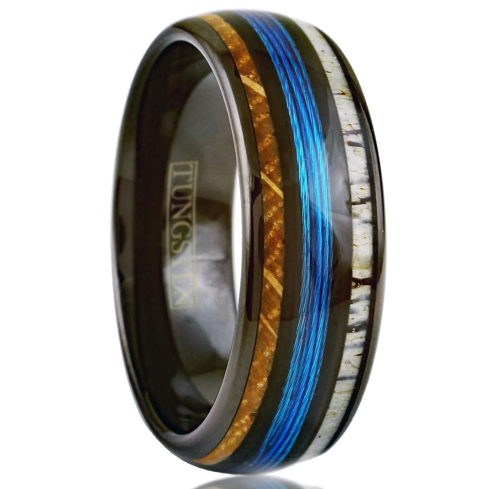 Stunning 6mm/8mm Polished Black Tungsten Carbide Ring with Fishing Line, Wood & Antler Inlays