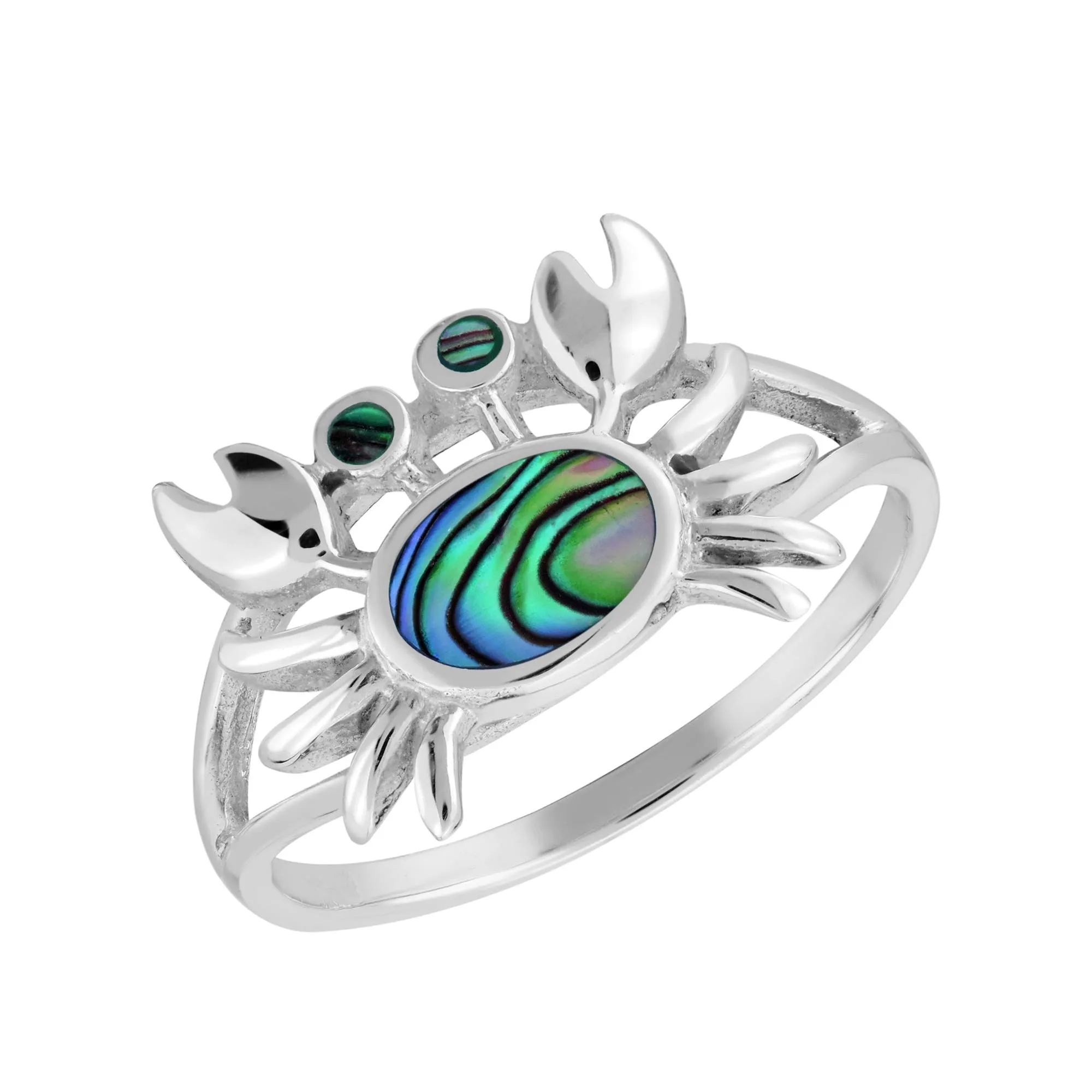 Summer Ocean's Little Crab Abalone Shell .925 Sterling Silver Band Ring in Green-Tone