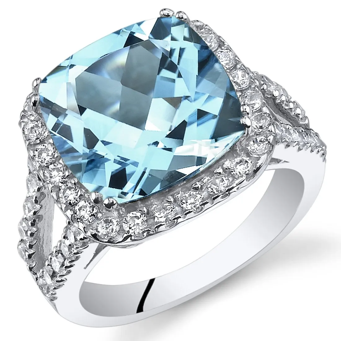 Swiss Blue Topaz Cushion Cut Ring 6.25 Carats in 925 Sterling Silver, Sizes 5 to 9, Gift-Ready