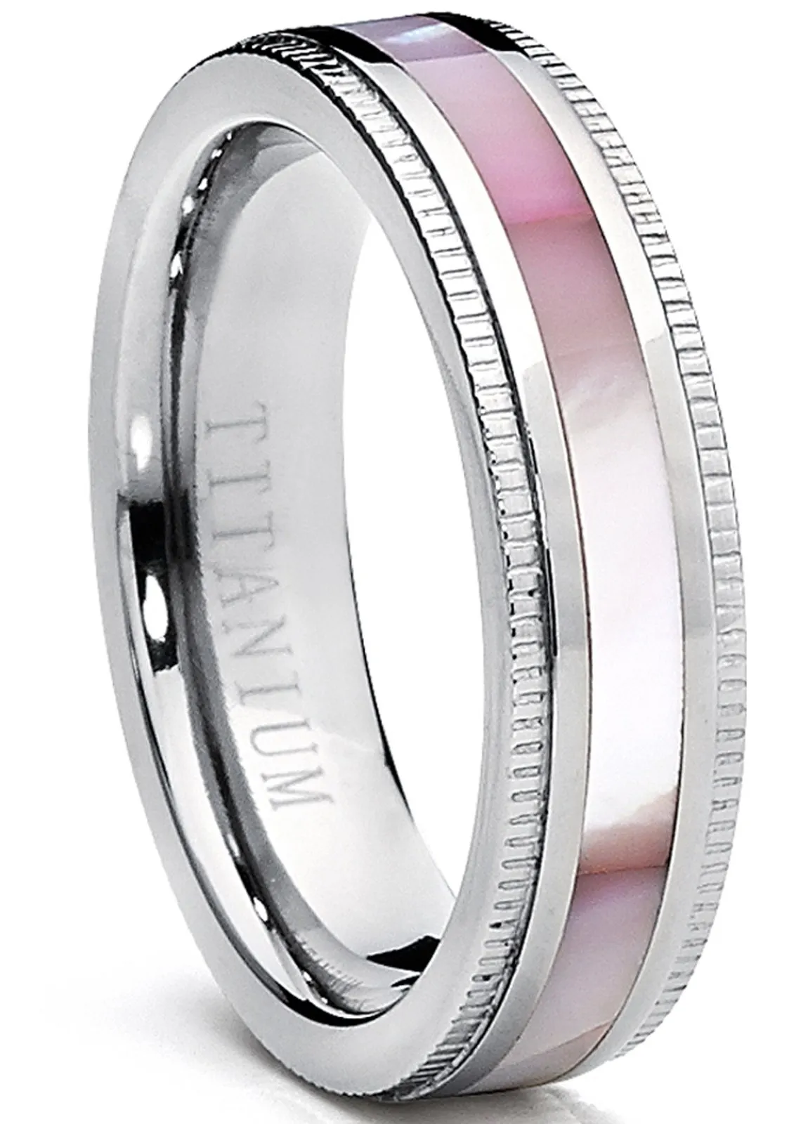 Titanium Women's Pink Hues Mother of Pearl Inlaid Band Ring, Comfort Fit, 5mm, Sizes 5 to 9