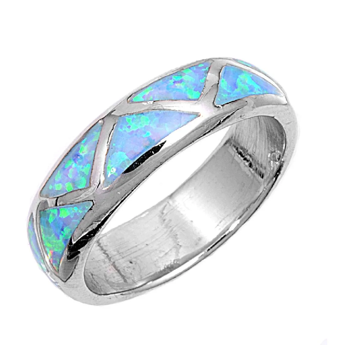 Triangle Patterns Row Simulated Opal Ring in Light Blue 925 Sterling Silver